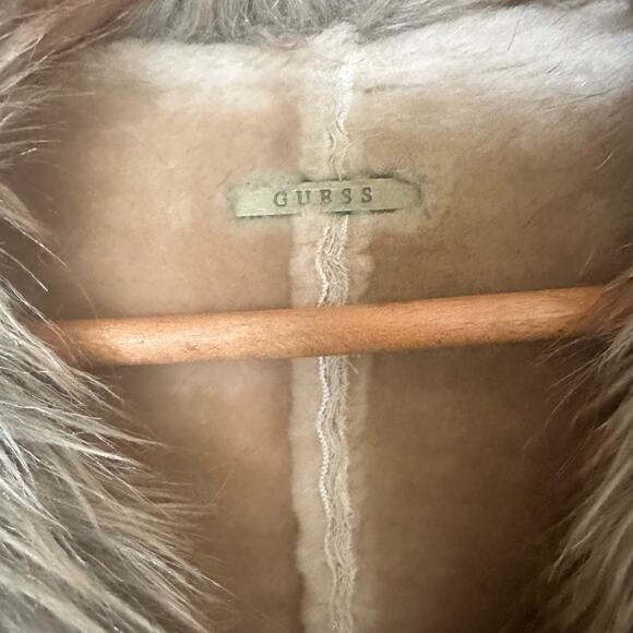 Vintage GUESS Penny Lane Coat Womens Large Y2K Fur Collar Tan Suede Leather - Picture 3 of 7
